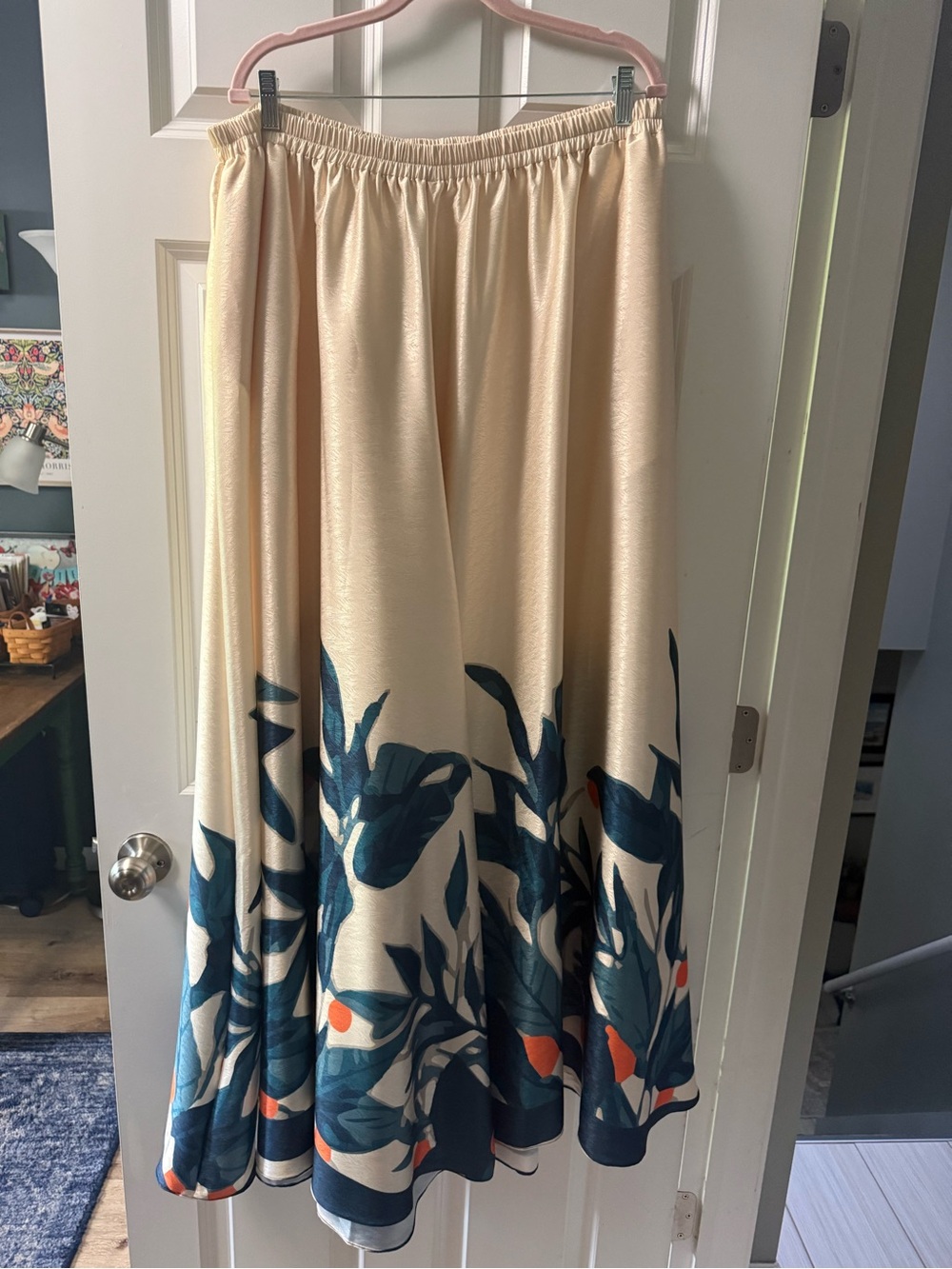 Diarrablu Cream Wide-Leg Pants with Navy and Orange Botanical Border